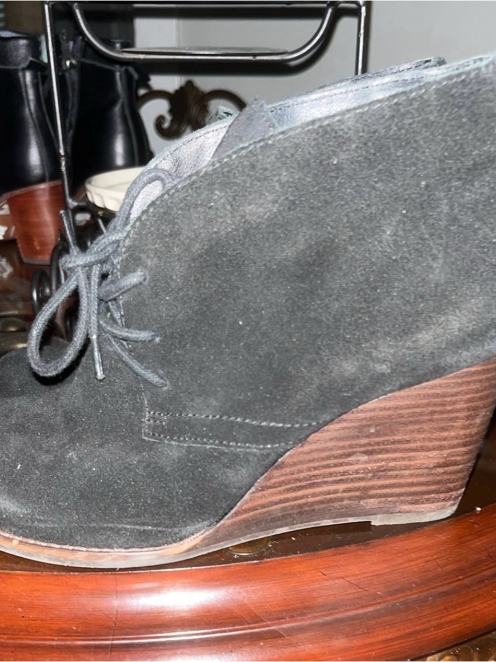 Lucky Brand Black Suede Lace-Up Wedge Ankle Boots